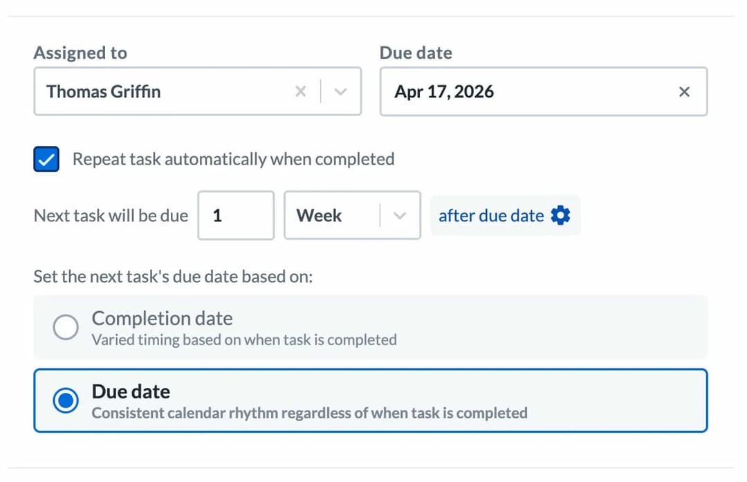 The repeat task settings with a weekly schedule based on the due date