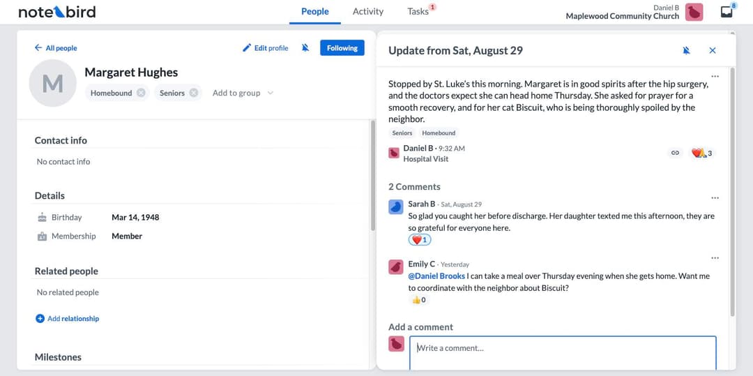 A hospital visit update in Notebird with team comments, emoji reactions, and an @mention