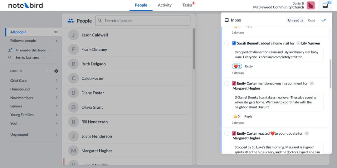 The new Notebird Inbox, showing comments, reactions, and an @mention in one list