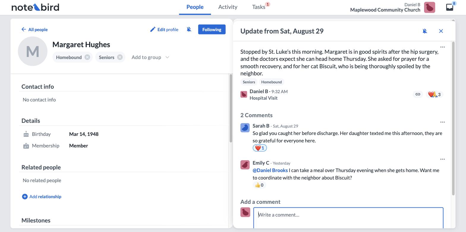 A hospital visit update in Notebird with team comments, emoji reactions, and an @mention