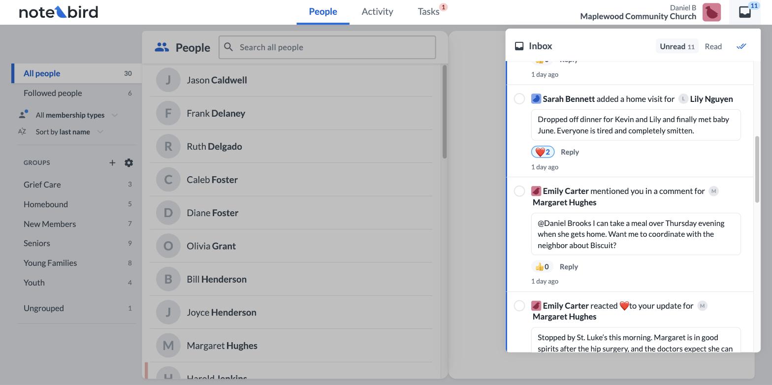 The new Notebird Inbox, showing comments, reactions, and an @mention in one list