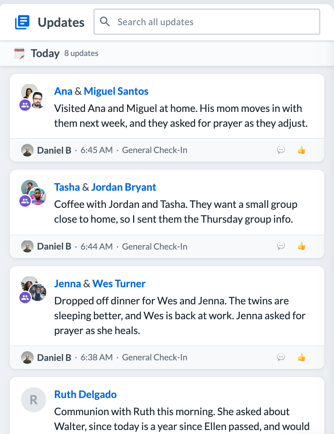 Family updates in the Notebird feed: Ana and Miguel Santos, Tasha and Jordan Bryant, Jenna and Wes Turner