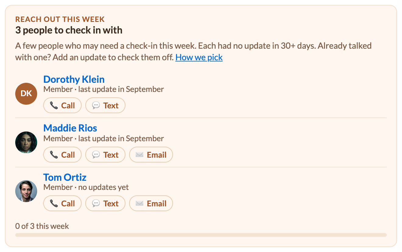 The Reach out section of the Early Bird Report, with three people to check in with this week